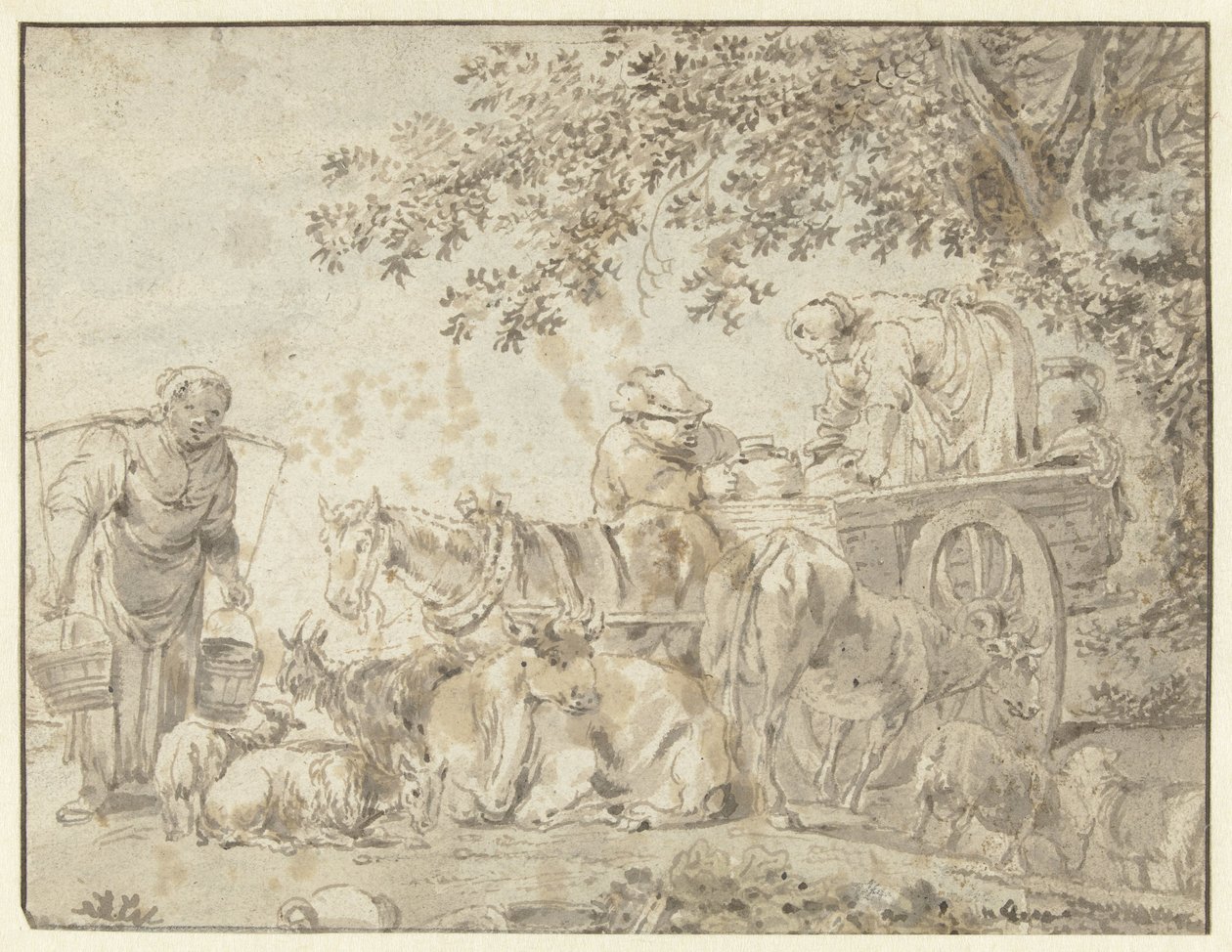 Bauern und Vieh bei einem Bauernwagen von Govert Dircksz. Camphuysen (possibly)