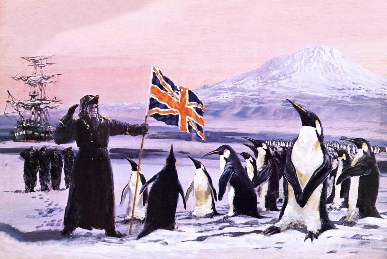 James Clark Ross pflanzt den Union Jack in das antarktische Eis im Jahr 1840 von Graham Coton