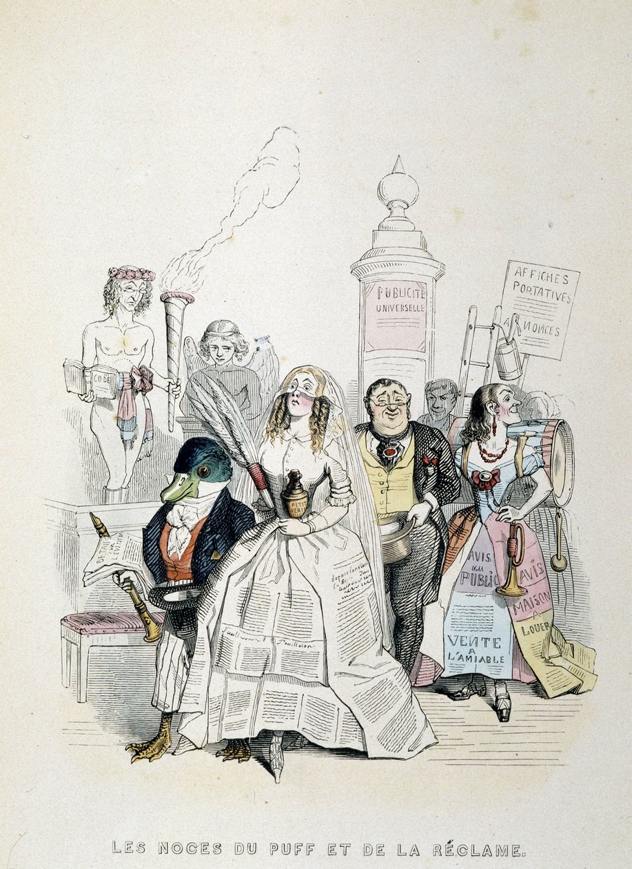 Die Hochzeit des Puff und der Werbung (Karikatur über die Fülle der Pressewerbung) - von Grandville von Grandville