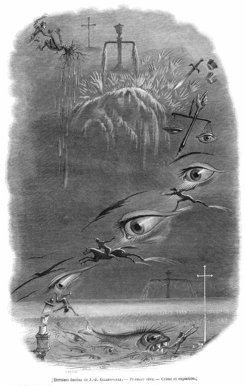 Eine Szene, die der Karikaturist Grandville während eines Albtraums kurz vor seinem Tod träumte. Georges Bataille schrieb über diese Gravur: Der Verbrecher träumt, dass er gerade einen Mann in einem dunklen Wald geschlagen hat. Menschliches Blut wurde verg von Grandville (1803 47)