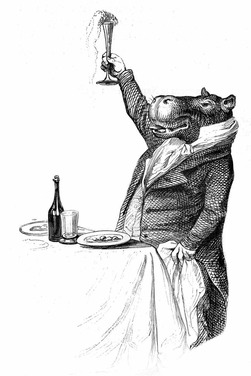 Detail einer Gravur von Grandville, entnommen aus dem Buch „Privates und öffentliches Leben der Tiere“ (Les animaux peints par eux-mêmes), Ausgabe Hetzel 1867 - Nilpferd an einem Tisch, das sein Glas erhebt und einen Toast ausbringt. von Grandville (1803 47)