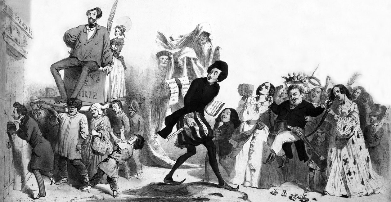 Französische romantische Schriftsteller (Alfred de Vigny, Victor Hugo, Alexandre Dumas der Ältere, Honoré de Balzac) wollen in die Französische Akademie eintreten, aber die Türen sind verschlossen, Gravur von Grandville (1803 47)