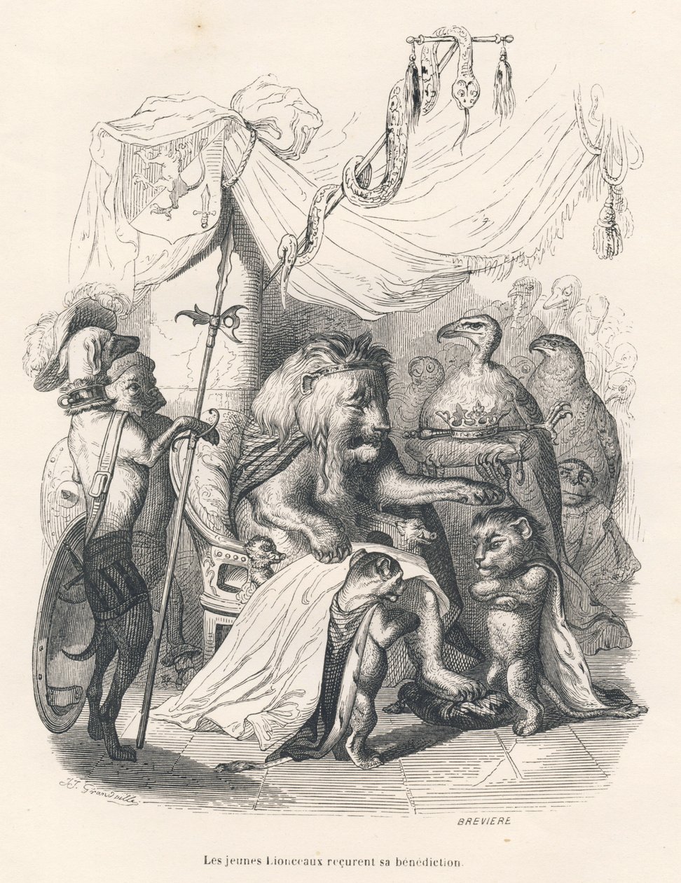 Die jungen Löwen erhalten den Segen des Löwenkönigs. Vignetten illustriert von JJ Granville. Gravur signiert von Breviere im Teil "Reise eines Löwen aus Afrika nach Paris" geschrieben von Honoré de Balzac in "Szenen aus dem privaten und öffentlichen Leben  von Grandville