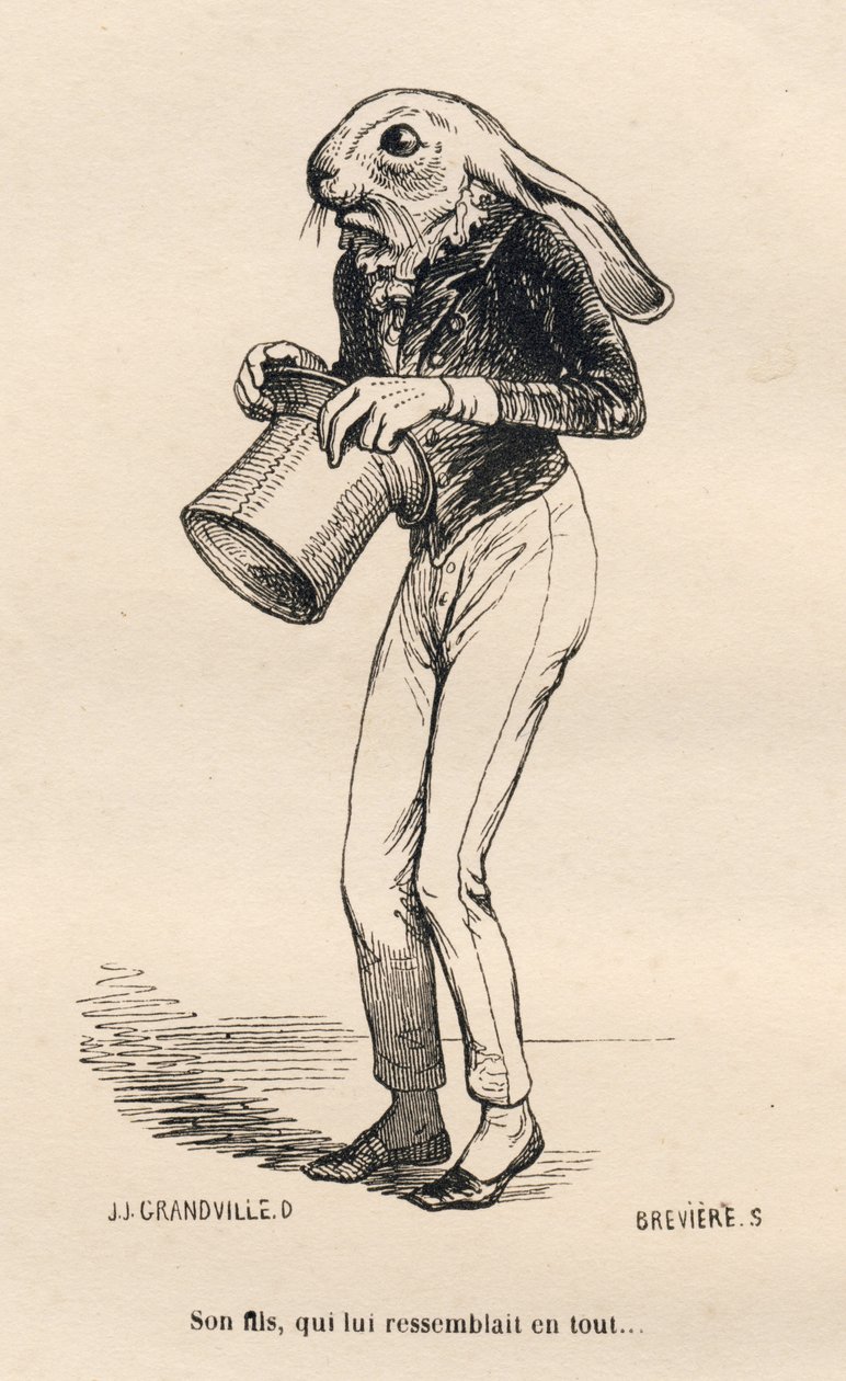 Ängstlicher Hase im Dandy-Kostüm. Illustrierte Vignetten von JJ Granville. Gravur signiert Breviere im Teil "Geschichte eines Hasen" geschrieben von PJ Stahl in "Szenen aus dem privaten und öffentlichen Leben der Tiere". Paris, J. Hetzel et Paulin von Grandville