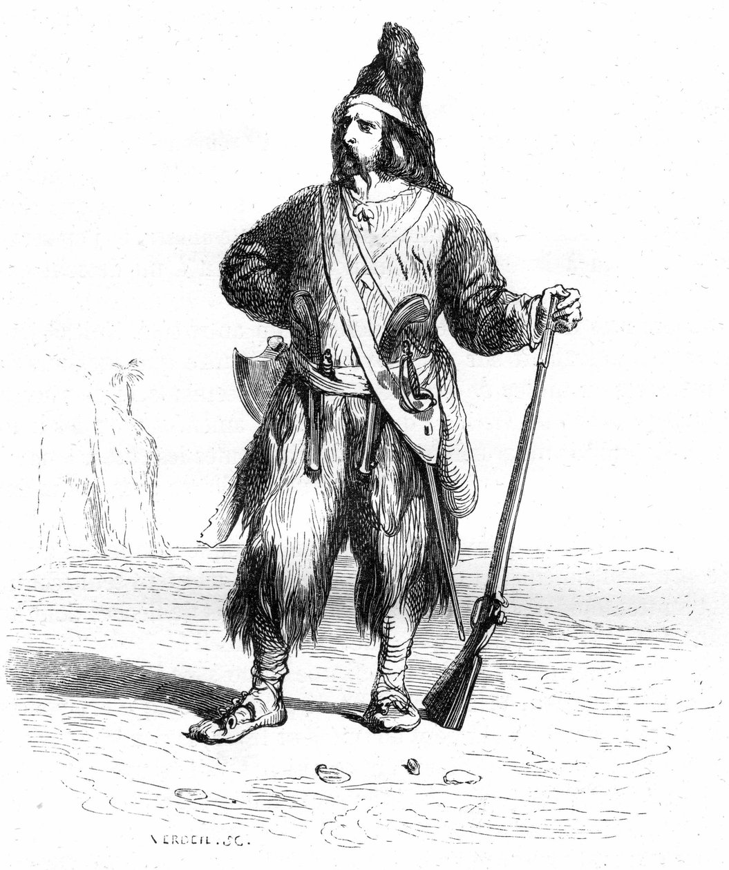 Porträt von Robinson Crusoe auf seiner einsamen Insel mit seinem Gewehr und seinen dazu passenden Waffen am Gürtel - Grandville-Illustration des Romans von Daniel Defoe (De Foe) - Garnier-Ausgabe 1869, S. 155. von Grandville (1803 47)