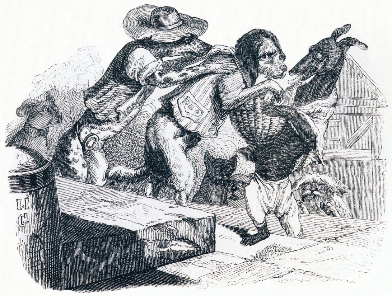 Der Hund, der den Mund seines Herrn am Hals trägt - Fabeln von La Fontaine von Grandville