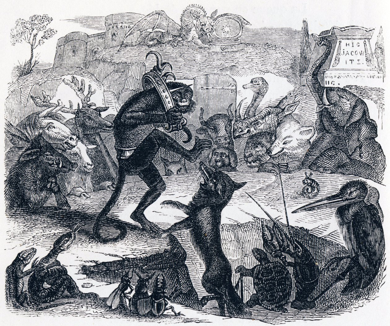 Der Fuchs, der Affe und die Tiere - Fabeln von La Fontaine von Grandville