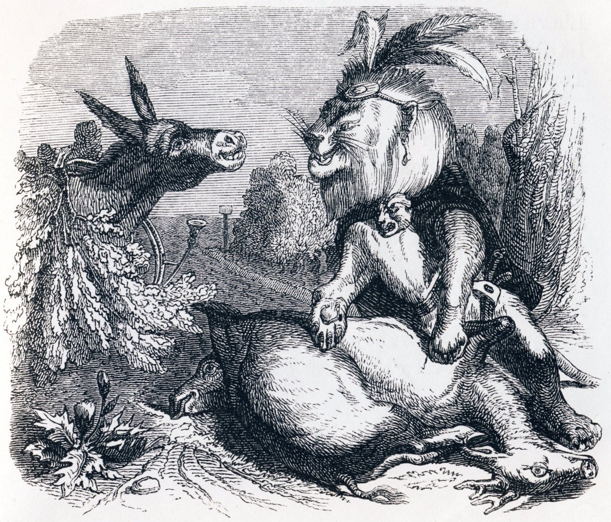 Der Löwe und der Esel auf der Jagd - Fabeln von La Fontaine von Grandville