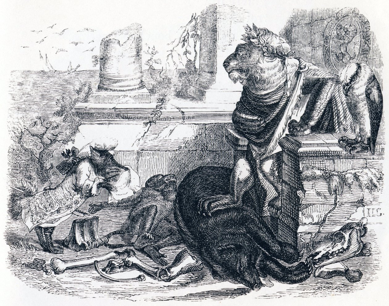 Der Hof des Löwen - Fabeln von La Fontaine von Grandville