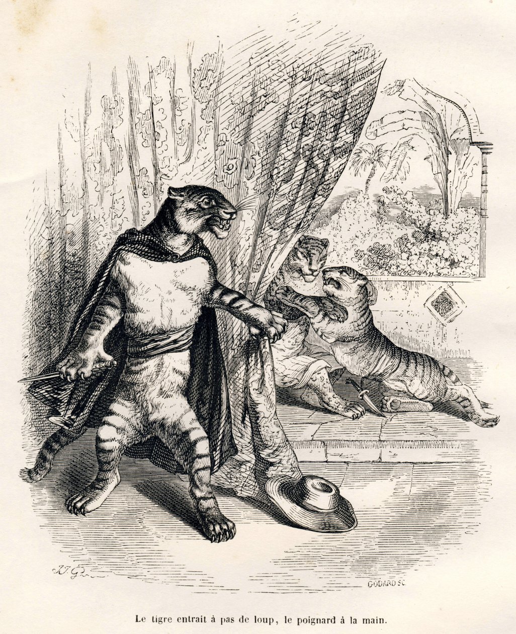 Tiger tritt mit Dolch in der Hand auf die Bühne. Vignetten illustriert von JJ Granville. Gravur signiert Godard im Teil "Le premier feuilleton de Pistolet" geschrieben von Jules Janin in "Scènes de la vie privée et publique des animaux". Paris, J. Hetzel von Grandville