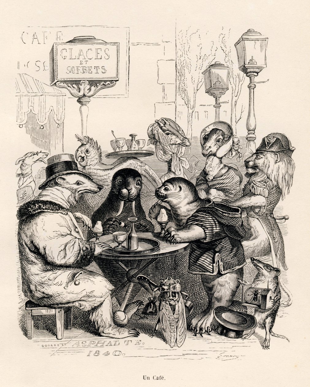 Ein Café, das von Tieren aller Art besucht wird. Vignetten illustriert von JJ Granville. Gravur signiert Godard im Teil "Reise eines Löwen aus Afrika nach Paris" geschrieben von Honoré de Balzac in "Szenen aus dem privaten und öffentlichen Leben der Tiere" von Grandville