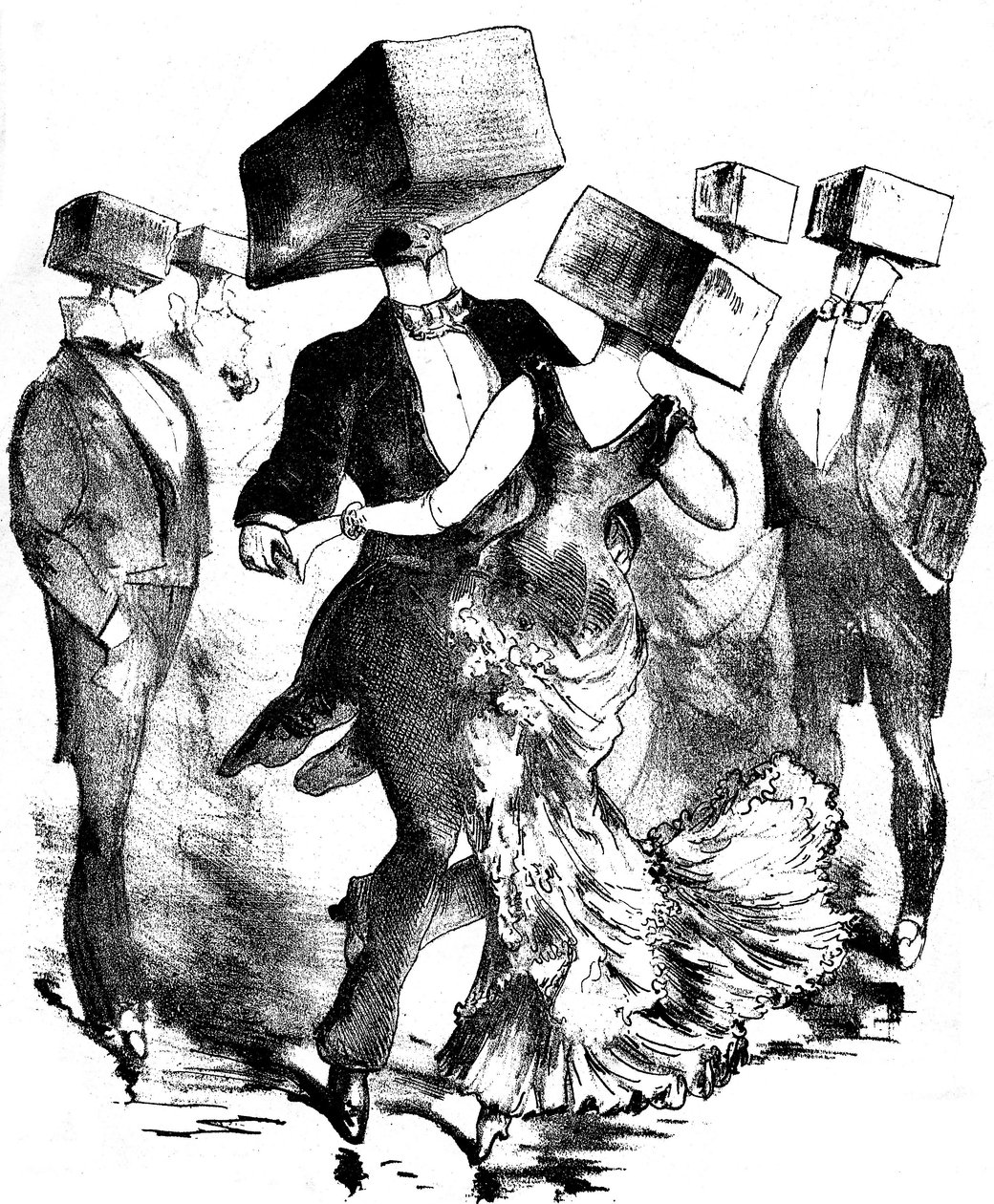 Unsignierte Illustration für die Partitur eines Werkes von Emile Fischer mit dem Titel „Polka des hamteaux“, Ende des 19. - Anfang des 20. Jahrhunderts - diese anonyme Komposition erinnert sowohl an die Erfindungen des Vorläufers Grandville als auch an die von Grandville (1803 47)