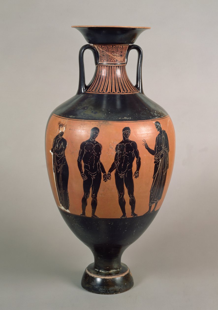 Schwarzfigurige Panathenäische Preisamphore, Darstellung von zwei Boxern, einem Trainer und Olympias, Attisch, Griechisch, 340-339 v. Chr. von Greek