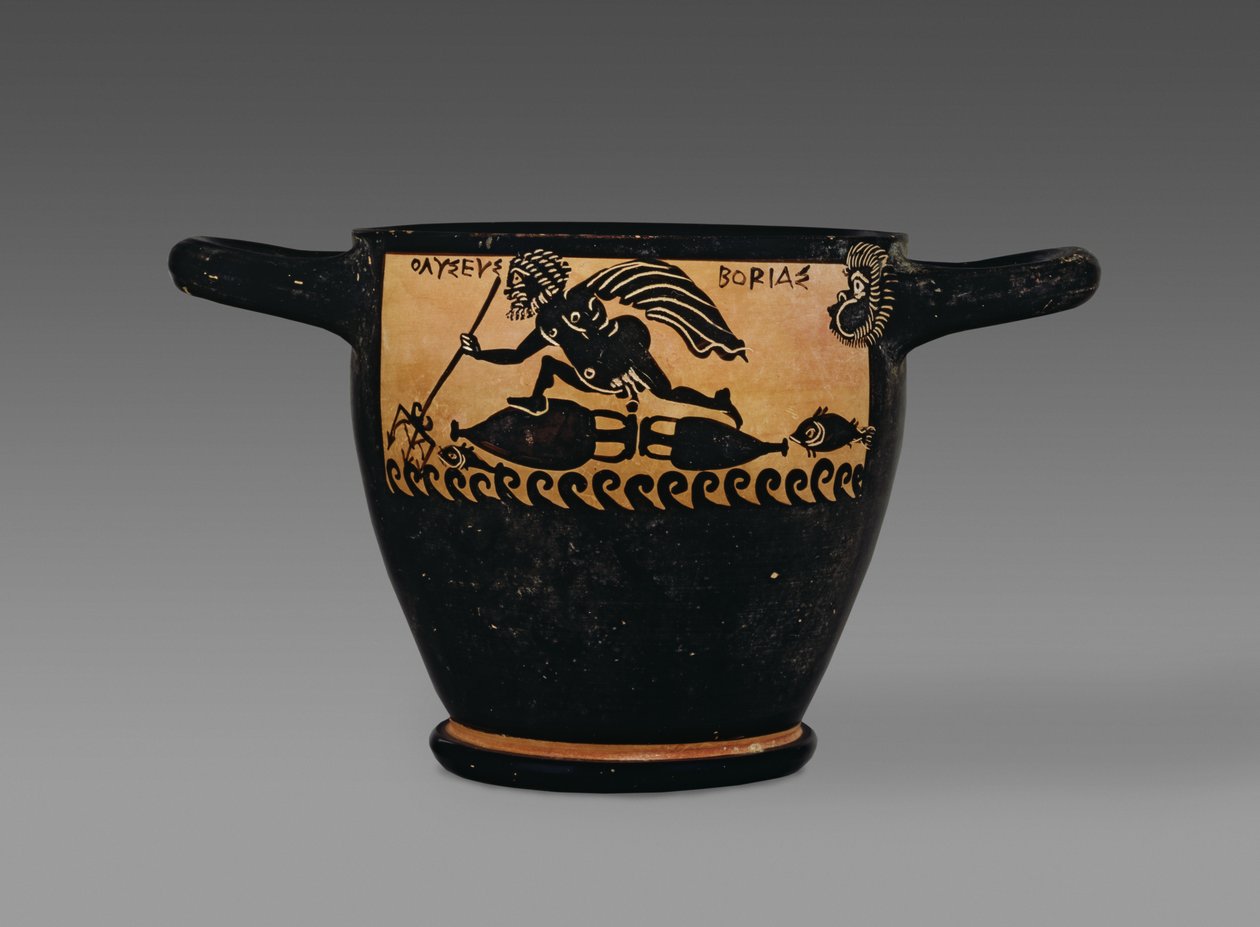Böotischer schwarzfiguriger Skyphos, dekoriert mit einer Szene von Odysseus, der von Boreas über das Meer geblasen wird, aus der Werkstatt des Mystae-Malers, Theben, Böotien, spätes 5. Jahrhundert v. Chr. von Greek