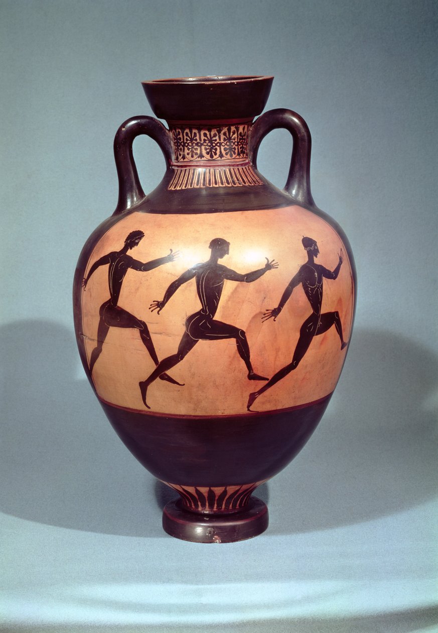 Panathenäische schwarzfigurige Amphore, die ein Wettrennen darstellt von Greek