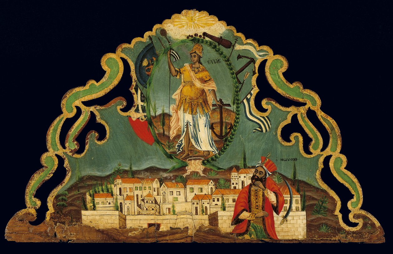 Pelmet mit der Wiedergeburt Griechenlands über einer Darstellung von Konstantinopel, von Syros, Kykladen von Greek School