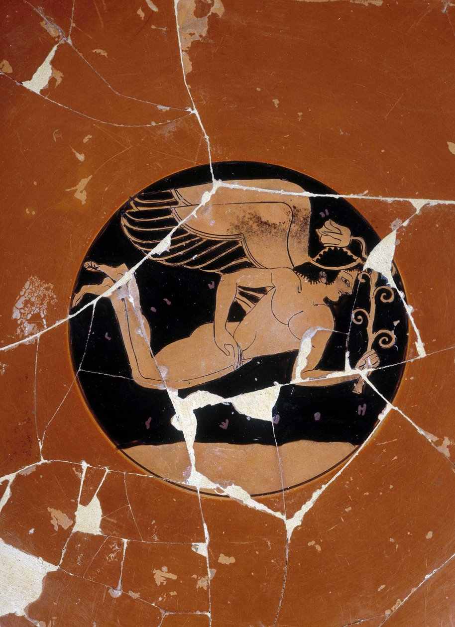 Attische Schale mit roten Figuren (Detail), signiert vom Töpfer Kachrylion, die einen griechischen Helden in Gestalt eines schönen jungen Mannes mit Flügeln darstellt (vielleicht Eros), 510 v. Chr. Griechische Keramik restauriert. Museo archeologico Firenz von Greek