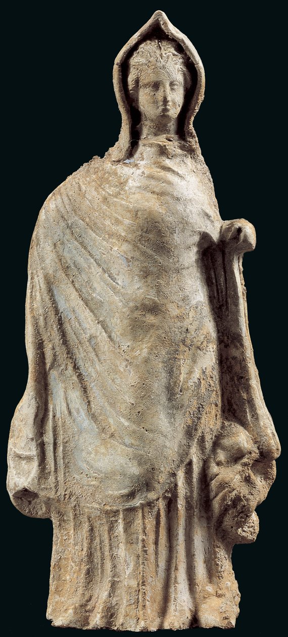 Figur einer Frau, die einen Chiton und einen Himation trägt, möglicherweise aus Myrina, Kleinasien, 250-200 v. Chr. von Greek