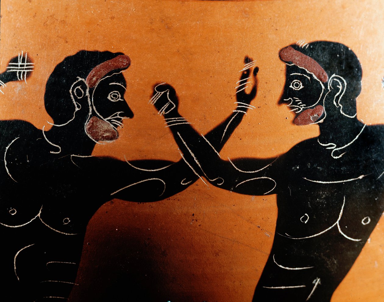 Griechische Kunst: Panathenäische Terrakotta-Amphore: Detail einer Pugilat-Schlacht. Grab des Vulci-Kriegers. 6. Jahrhundert v. Chr. Rom, Museo Nazionale di Villa Giulia von Greek
