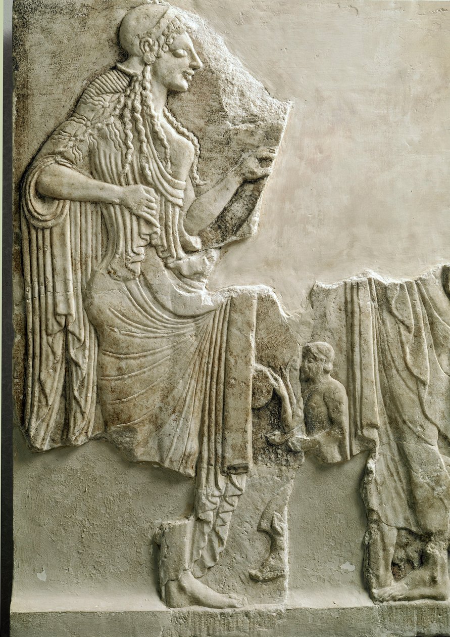 Griechische Antike: „Eine Familie opfert der Göttin Athena“ (Relief, 550 v. Chr.) von Greek