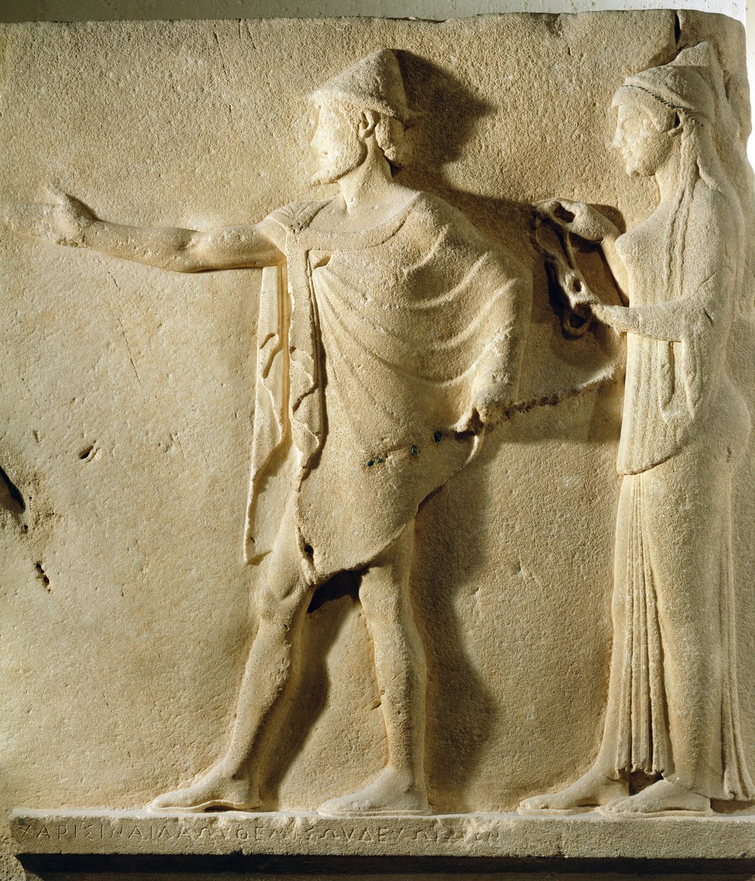 Hermes agoraios und eine Wohltätigkeit, Relief aus dem Durchgang der Theores, von Thasos, ca. 470 v. Chr. von Greek