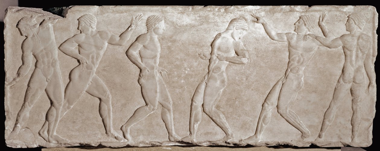 Marmorrelief eines Grabkouros, das sechs Athleten darstellt von Greek