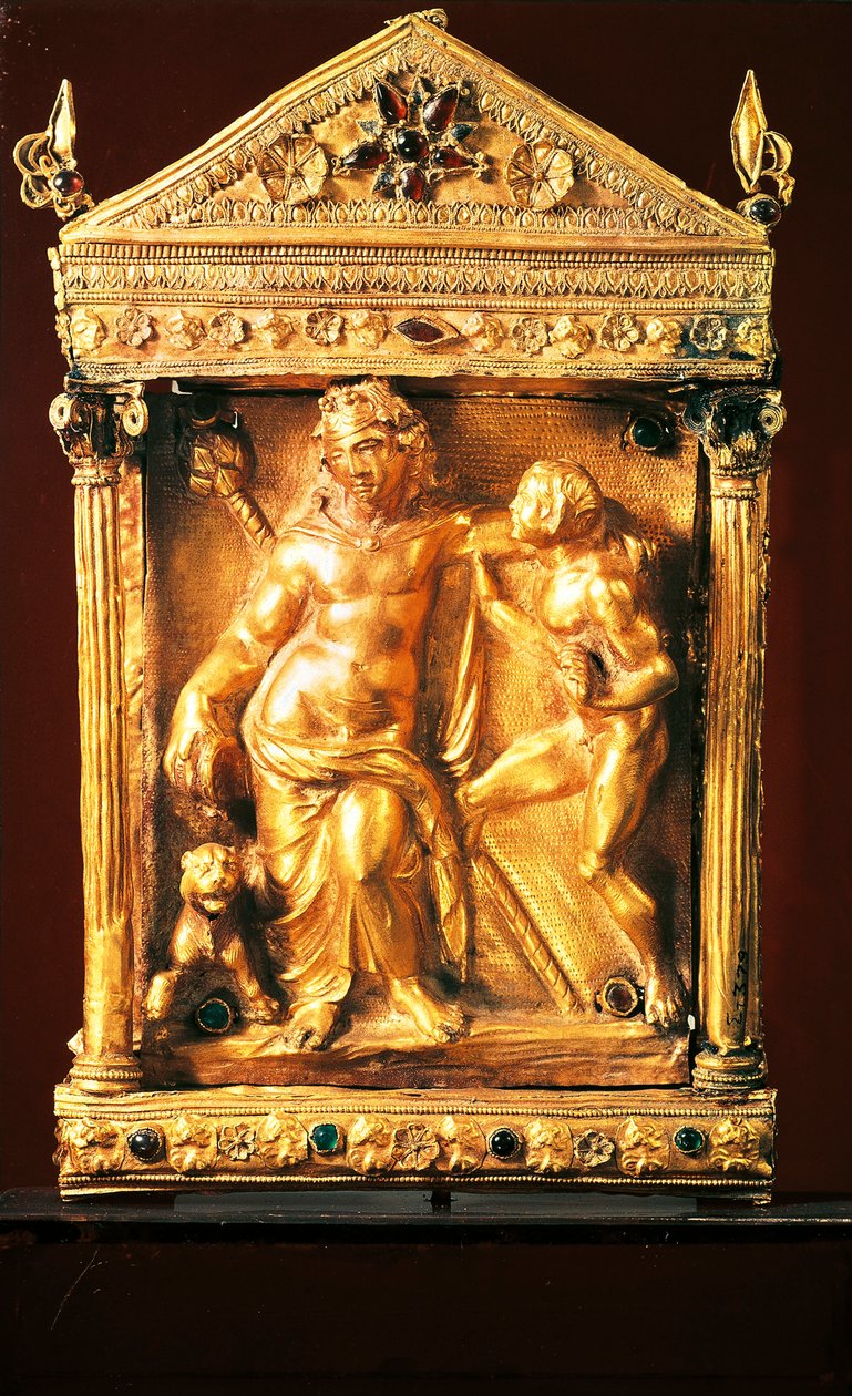 Naiskos mit betrunkenem Dionysos und Satyr, kleiner hellenistischer Tempel mit Granaten und Smaragden aus Thessalien, 2. Jahrhundert v. Chr. von Greek