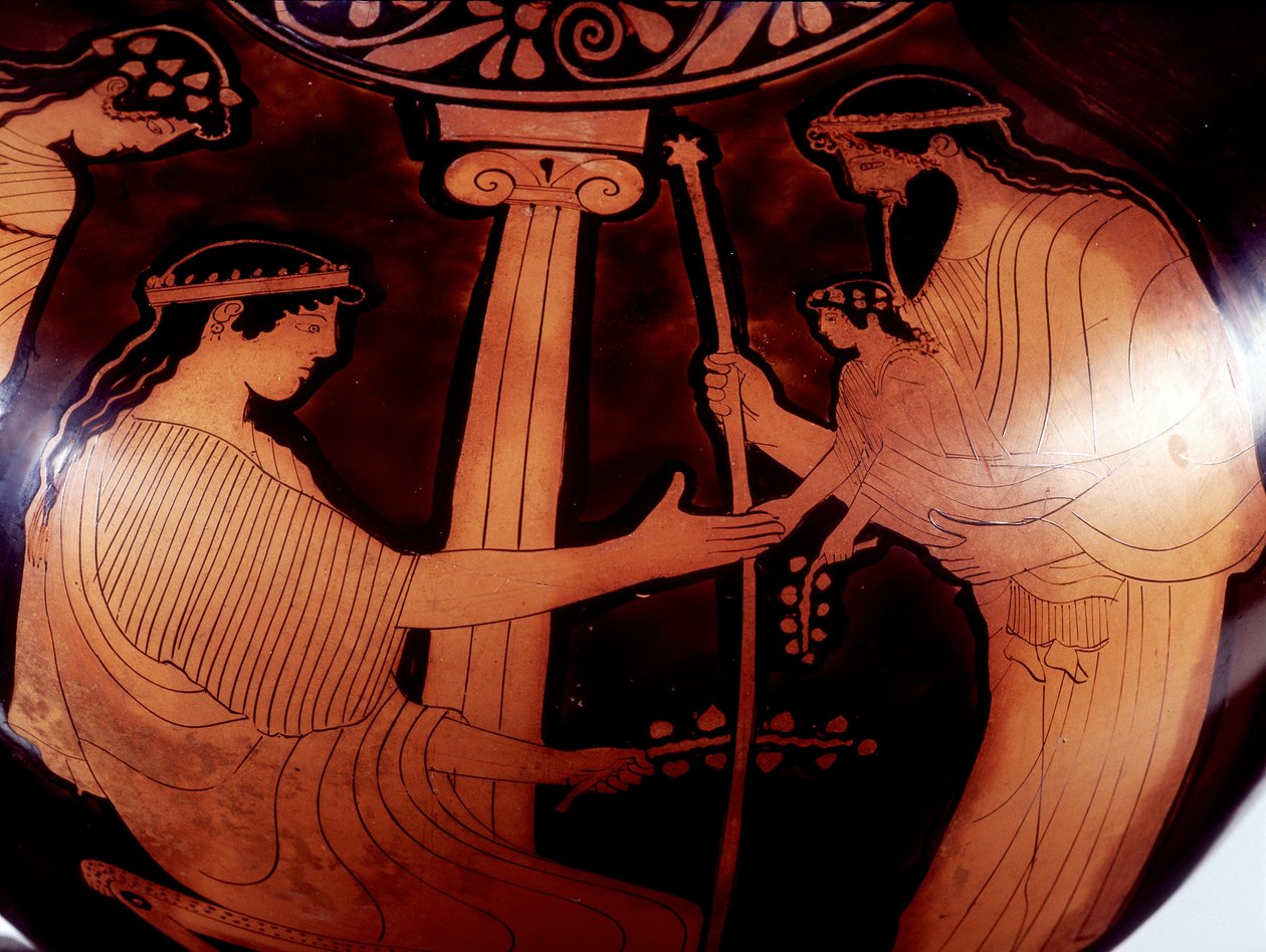 Malerei auf Vase: Jupiter (Zeus) präsentiert den jungen Dionysos (Bacchus) zwei Frauen. 480 v. Chr. BNF, Münzkabinett. von Greek