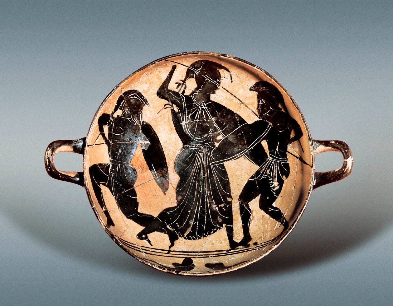 Trojanischer Krieg: Göttin Athena kämpft zwischen Hector und Achilles. 6. Jahrhundert v. Chr. Kylix (Trinkschale) mit schwarzen Figuren in Keramik, Archäologisches Museum von Katalonien, Barcelona. von Greek
