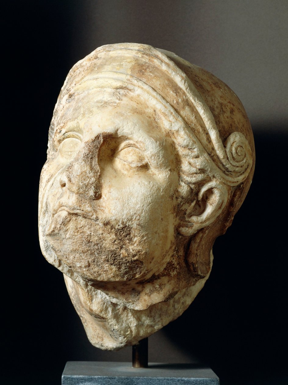 Kriegerkopf von Skopas (340-420 v. Chr.) von der Vorderseite des Athena Alea Tempels in Tegea, 4. Jahrhundert v. Chr. von Greek
