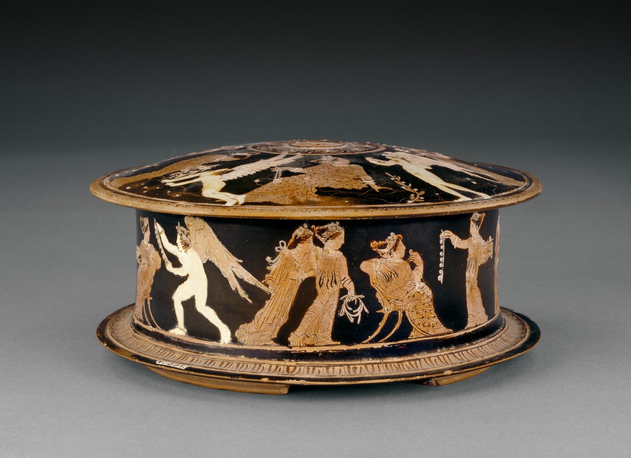 Attische rotfigurige Pyxis, dekoriert mit Frauen und Eroten oder Cupidos, nahe dem Meidias-Maler, Ende des 5. Jahrhunderts v. Chr. (Keramik) von Greek School