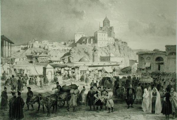 Der Basar auf dem Maidan-Platz, Tiflis, Georgien, Tafel 25 aus einem Buch über den Kaukasus, graviert von Adolphe Jean-Baptiste Bayot (1810-66) und Eugene Ciceri (1813-90), veröffentlicht von Alfred Leon Lemercier, Paris von Grigori Grigorevich (after) Gagarin