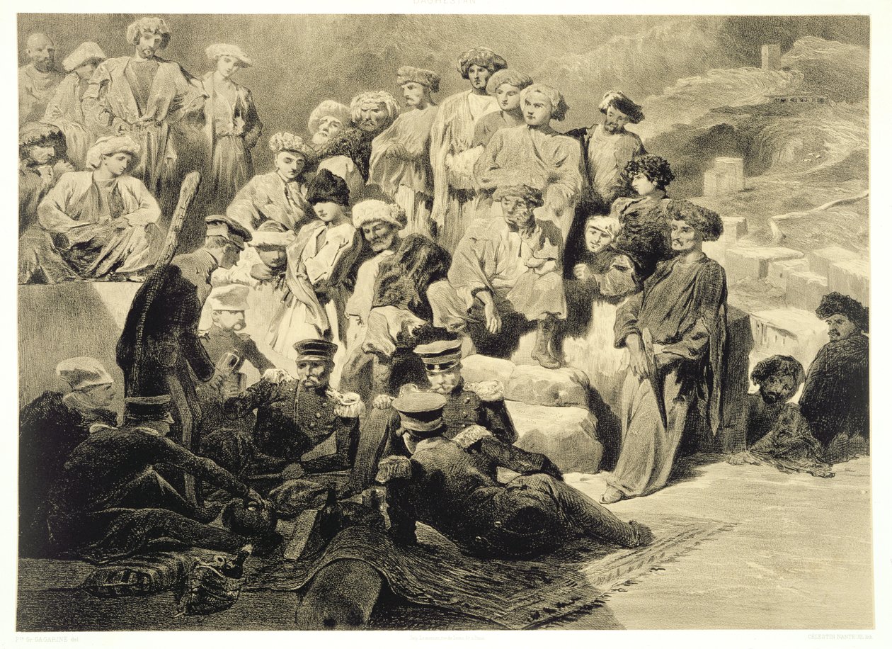 Militärmahlzeit in den Ruinen von Sioukh, Dagestan, Tafel 69 aus einem Buch über den Kaukasus, graviert von Celestin Francois Nanteuil, veröffentlicht von Alfred Leon Lemercier, Paris, 1847 von Grigori Grigorevich Gagarin