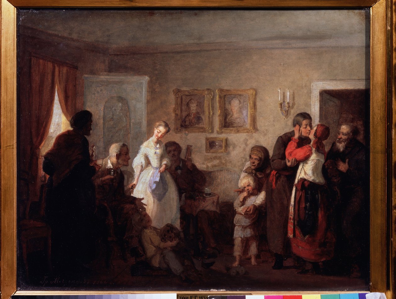 Glückwünsche an ein frisch verheiratetes Paar in einem Herrenhaus von Grigori Grigoryevich Myasoedov