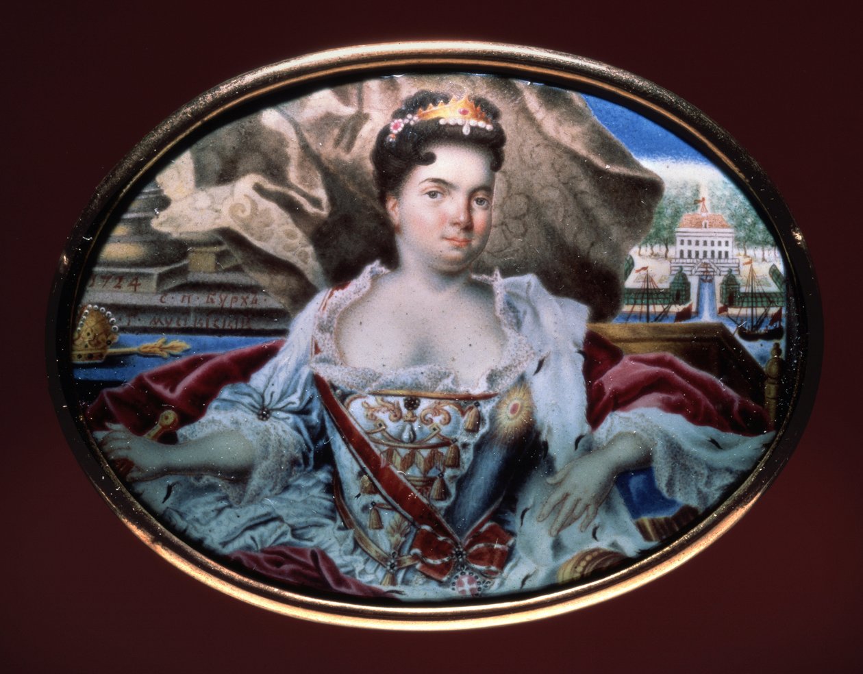 Porträt der Kaiserin Katharina I. mit Blick auf den Katharinenhof von Grigori Semyonovich Musiklysky