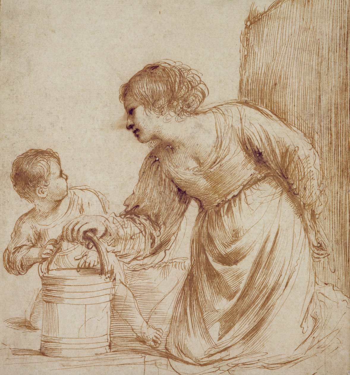 Mutter und Kind mit Eimer von Giovanni Francesco Barbieri