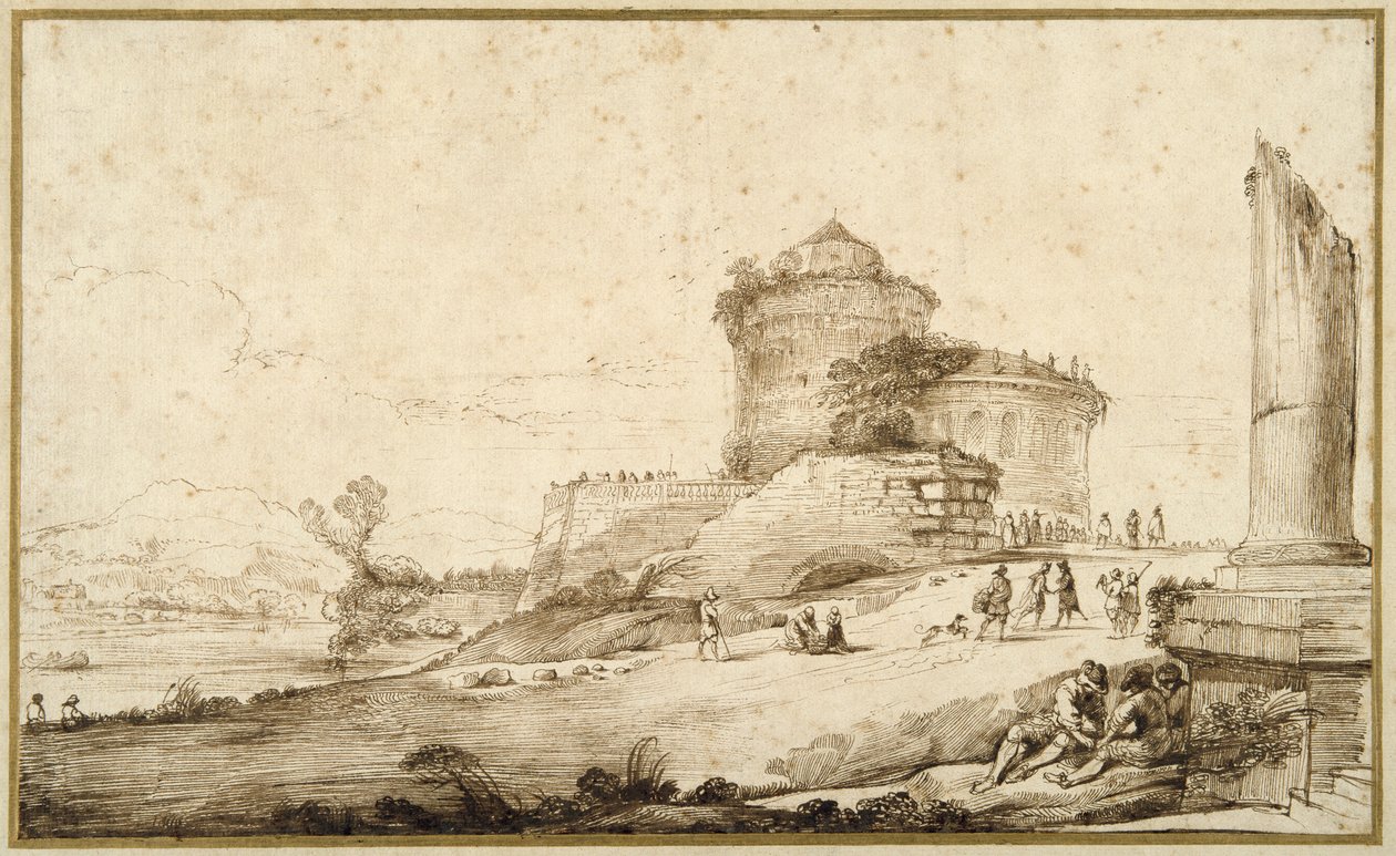 Landschaft mit einer gebrochenen Säule, einer Burg und zahlreichen Figuren im Vordergrund rechts von Guercino