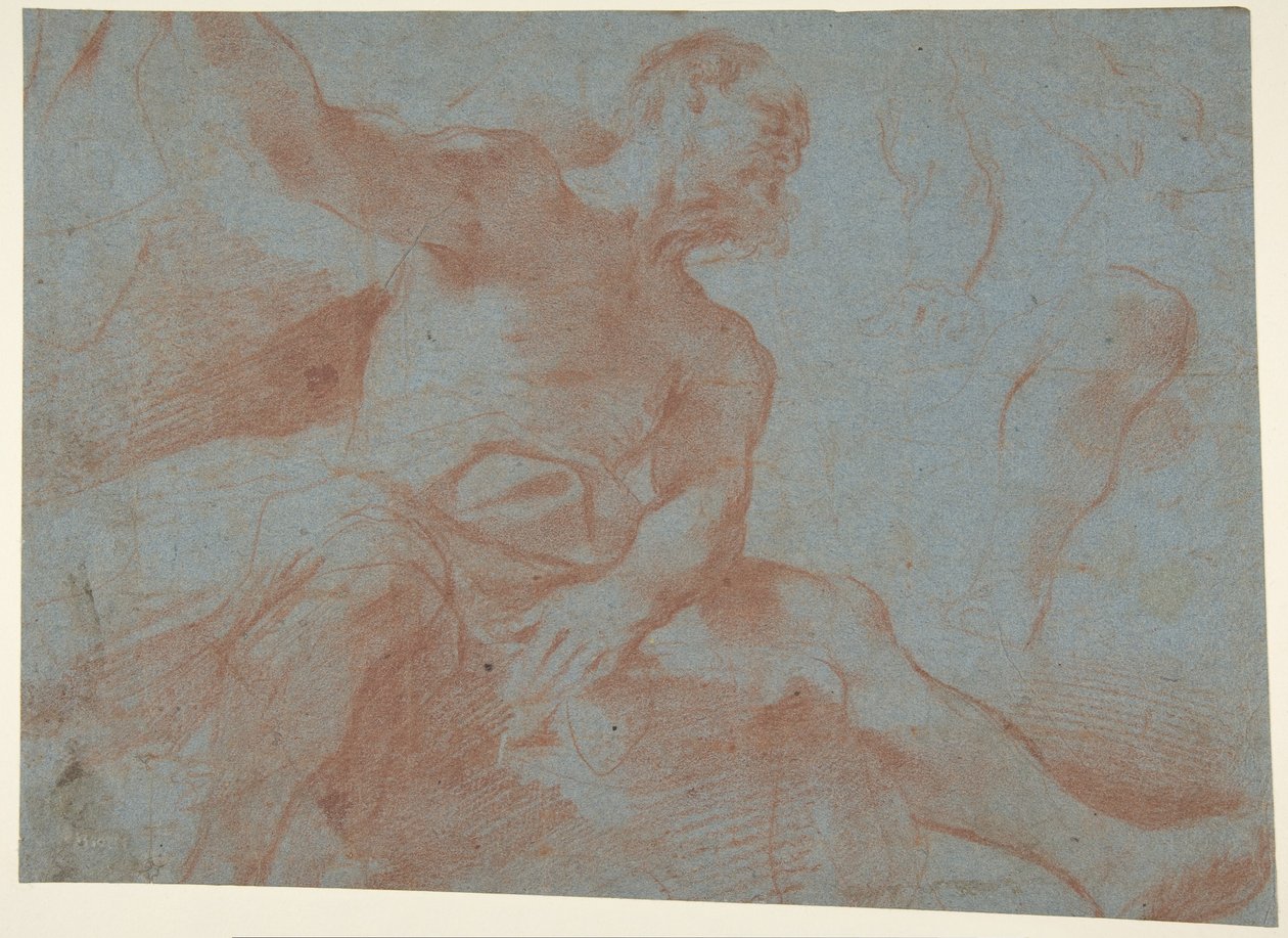 Sitzender alter Mann mit erhobenem rechten Arm (Tithonus) (recto) von Guercino