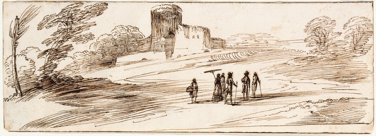 Landschaft mit Burg und Figuren von Guercino