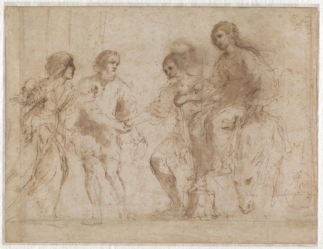 Begegnung von Maria und Josef vor dem Haus von Elisabeth und Zacharias (recto) Maria und Elisabeth am Fuße einer Treppe (verso) von Guercino
