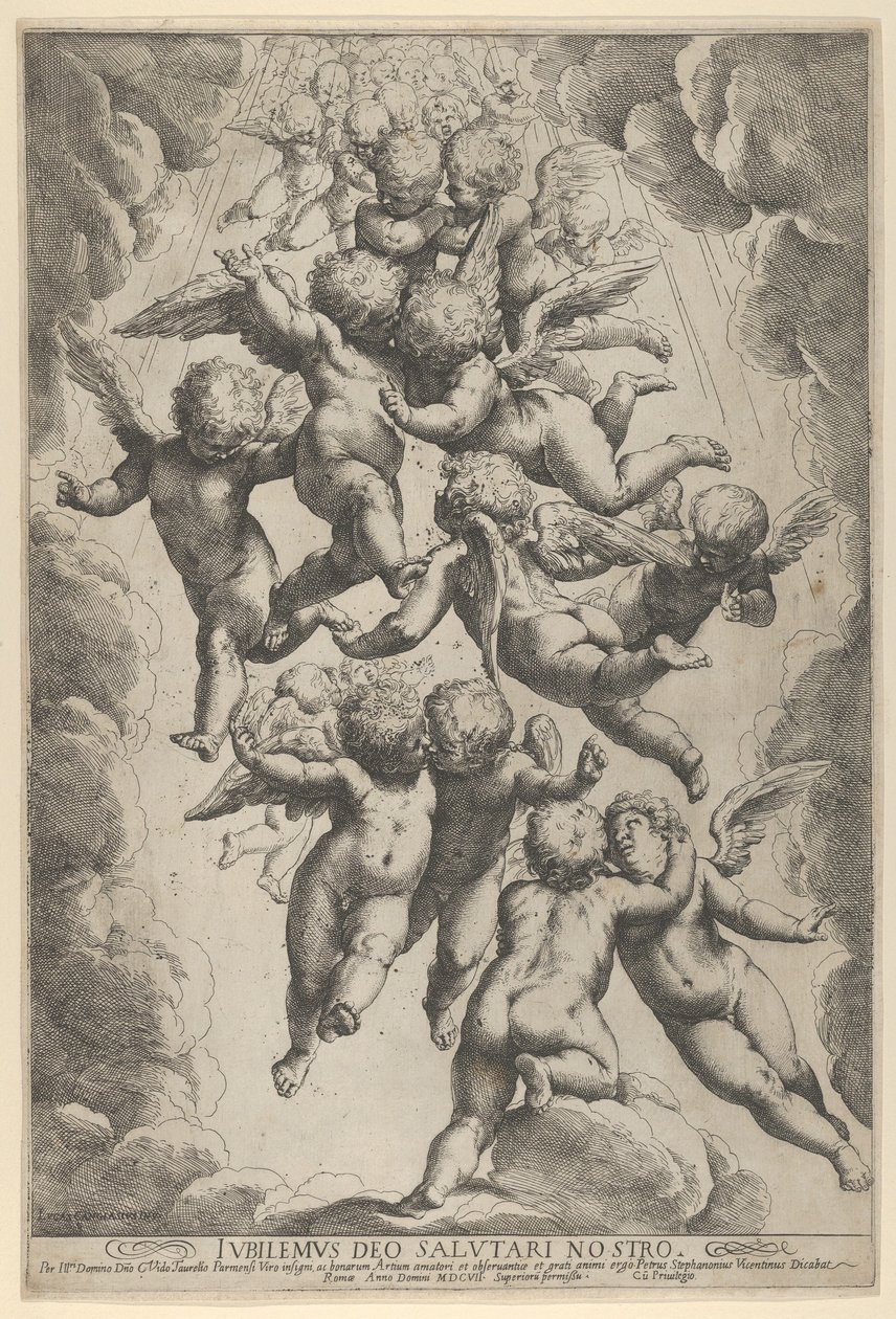 Eine Gruppe von Engeln, die sich im Flug umarmen, umrahmt von Wolken von Guido Reni