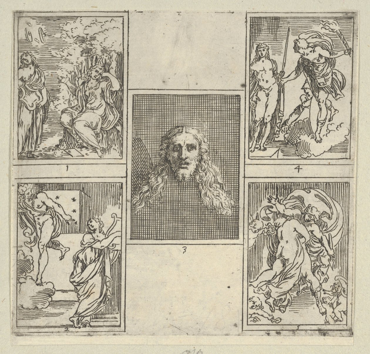 Fünf nummerierte Szenen, jede nach einem Maler in der Accademia Degl