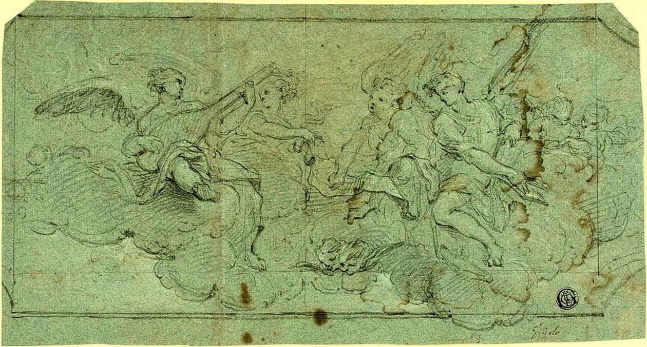 Musizierende Engel in Wolken (recto); Sitzender Kleriker (verso) von Guido Reni