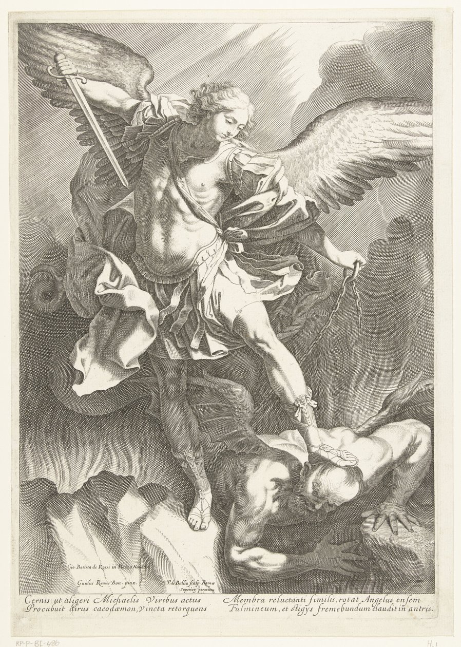 Der Erzengel St. Michael besiegt den Teufel, graviert von Pieter de Bailliu, 1623-60 von Guido Reni