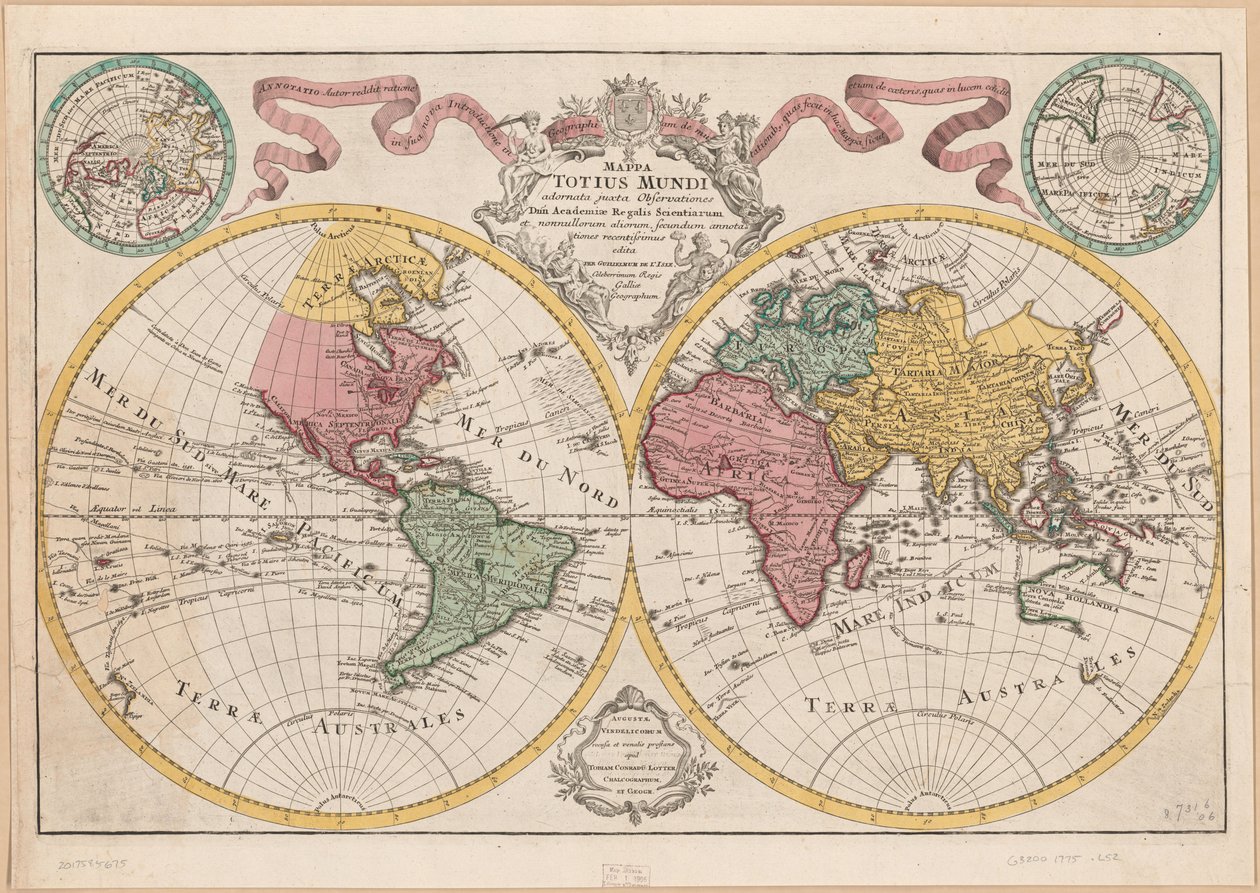 Mappa totius mundi - geschmückt nach den Beobachtungen der Akademie der Wissenschaften und einiger anderer nach den neuesten Anmerkungen von Guillaume Delisle