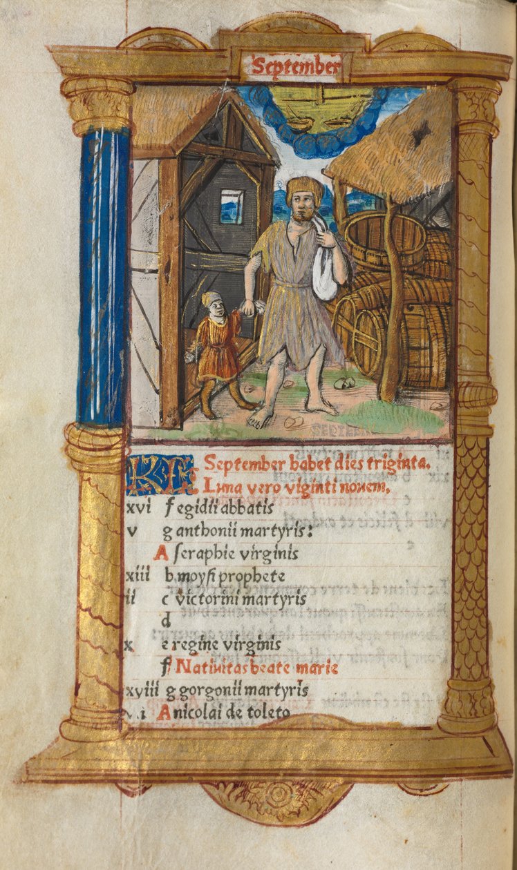 Gedrucktes Stundenbuch (Gebrauch von Rom): fol. 10v, September Kalenderillustration von Guillaume Le Rouge