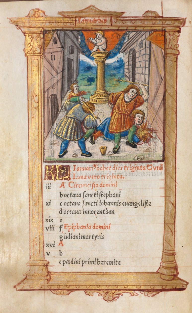 Gedrucktes Stundenbuch (Gebrauch von Rom): fol. 2v, Januar Kalenderillustration von Guillaume Le Rouge