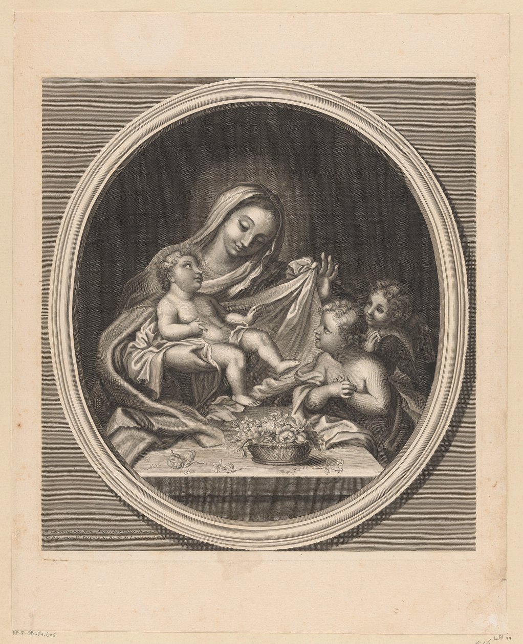 Maria mit Kind und zwei Engeln hinter einem Tisch mit einem Korb voller Blumen von Guillaume Vallet