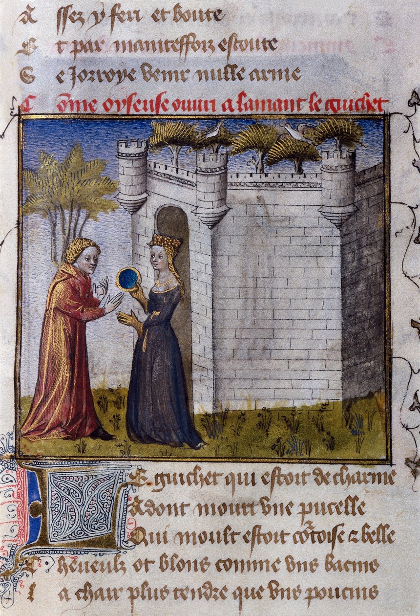 Eine galante Szene zwischen zwei Liebenden: Das Mädchen lädt ihren Liebhaber ein, einzutreten. Miniatur aus „Le Romanesque de la Rose“ von Guillaume de Lorris von Guillaume de Lorris