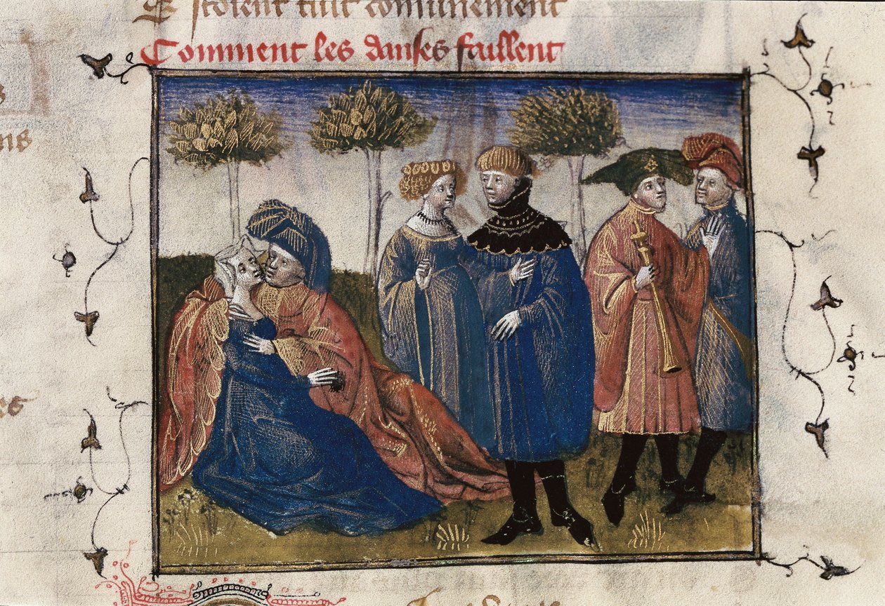 Eine galante Szene von Höflingen, Miniatur in "Roman de la Rose" von Guillaume Lorris von Guillaume de Lorris
